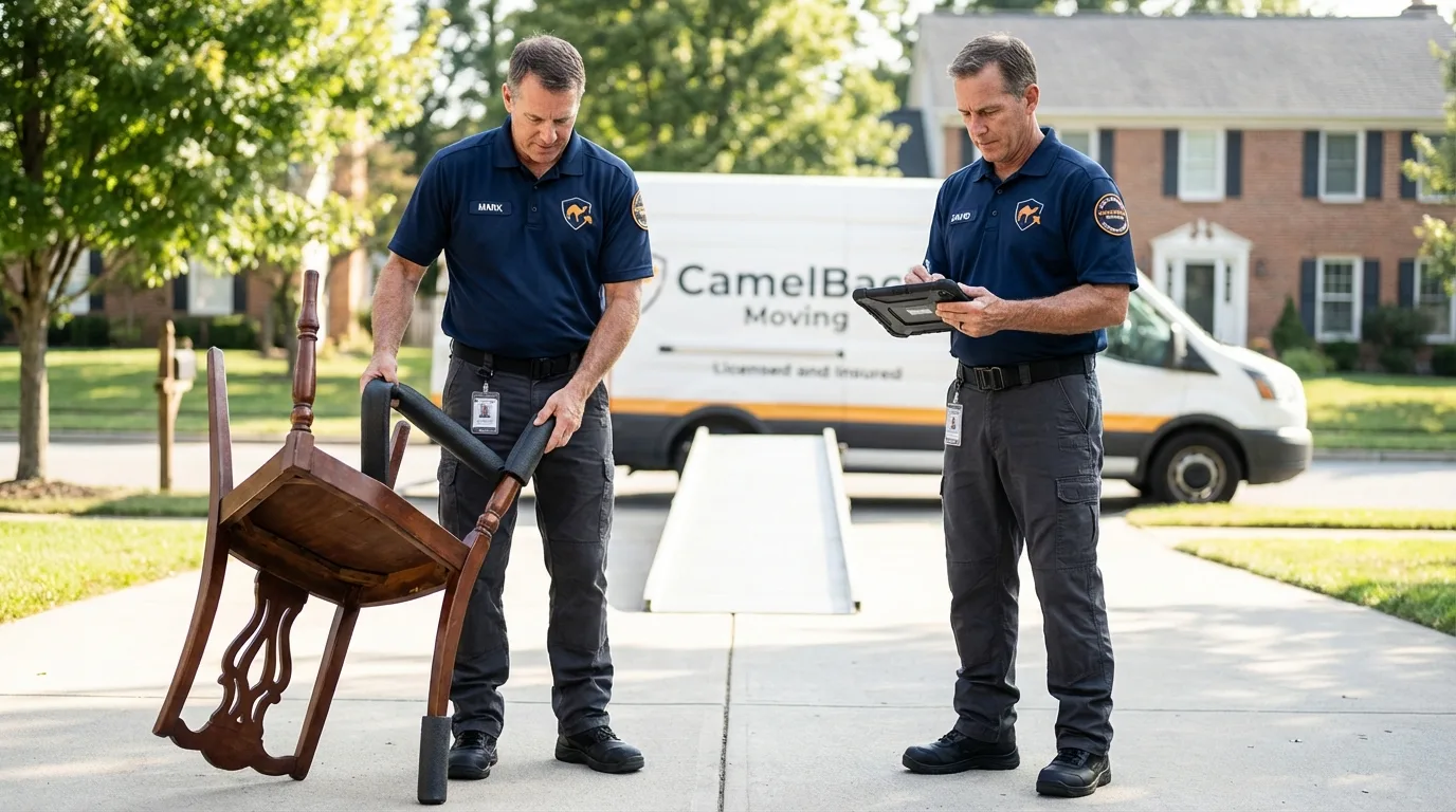 Movers inspecting furniture for damage prevention before loading in Ephrata, PA