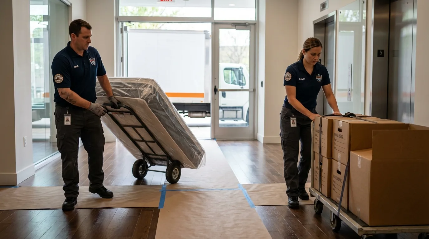 Professional apartment movers loading elevator in Ephrata, PA