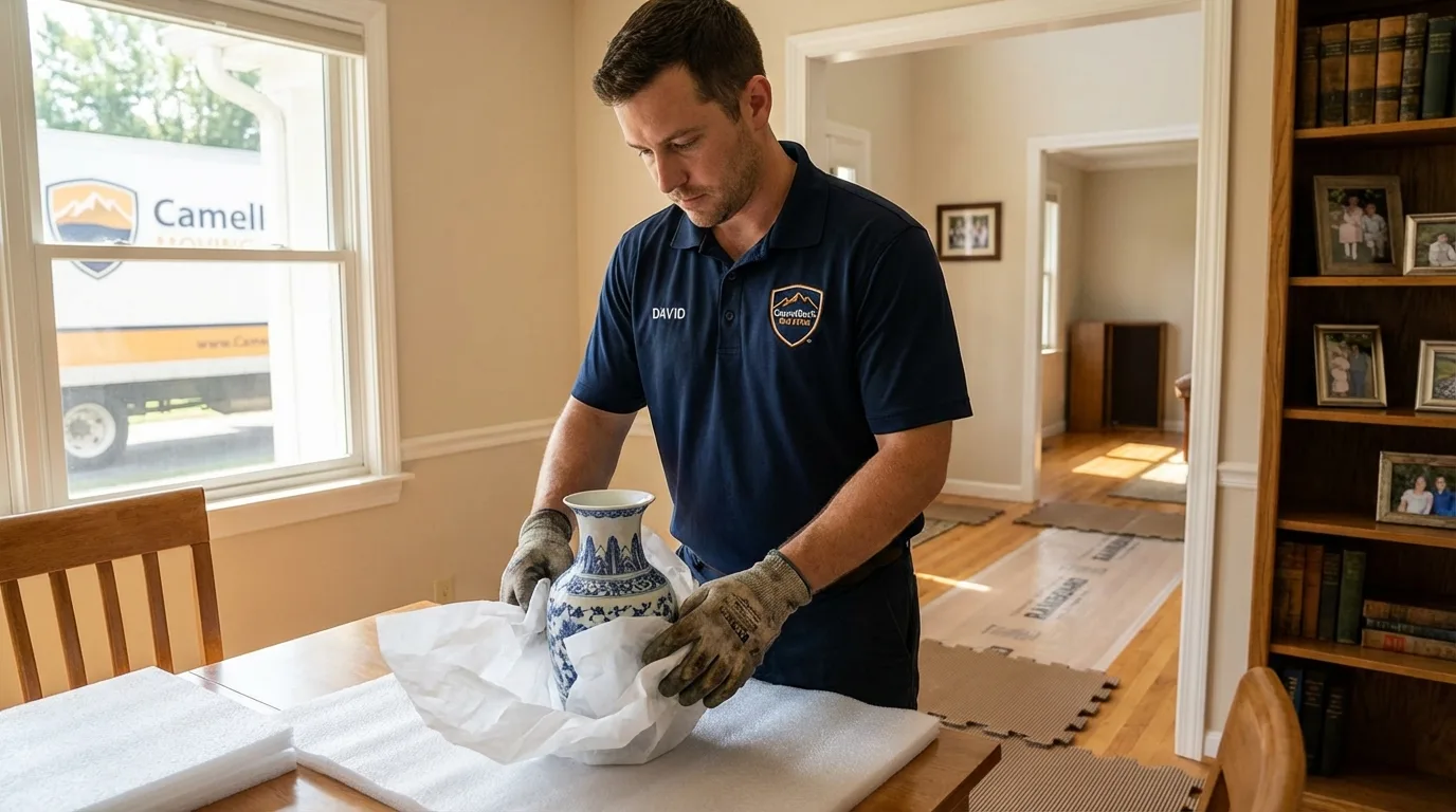 Professional crew carefully wrapping antique vase for senior downsizing move in Ephrata, PA